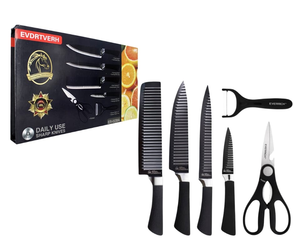 Set de cuchillos negro + tijeras + pela papas